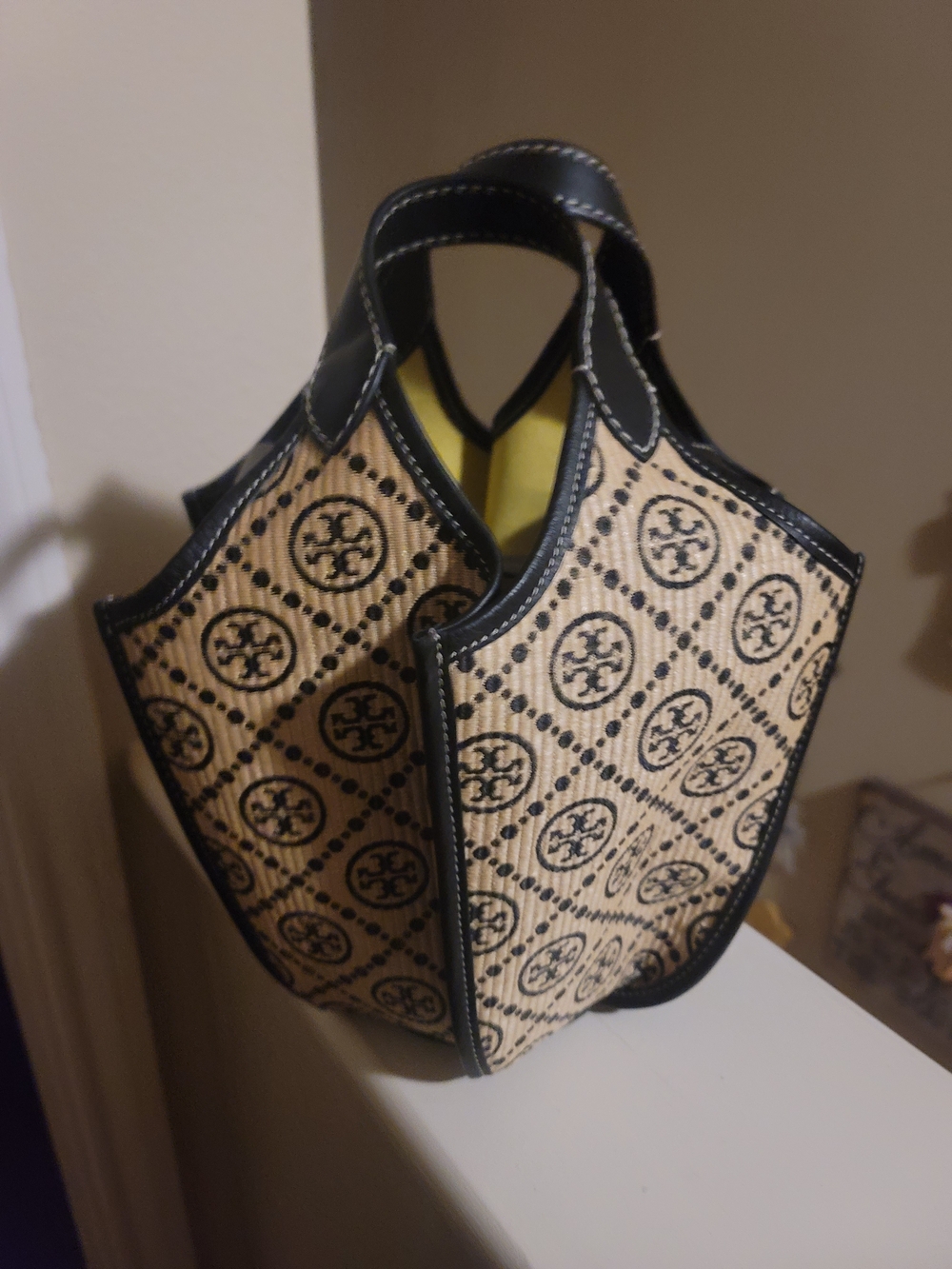Tote Bag in Natural Straw with Navy Trim - Designer Logo Pattern